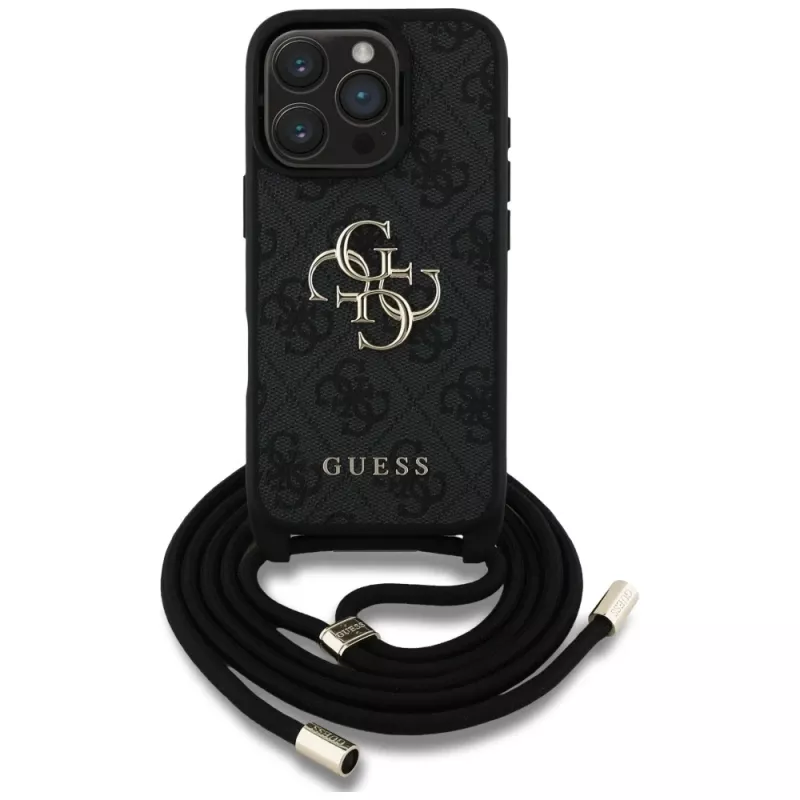 Guess 4G Big Logo Cord Strap Crossbody Case voor iPhone 16 Pro (zwart)