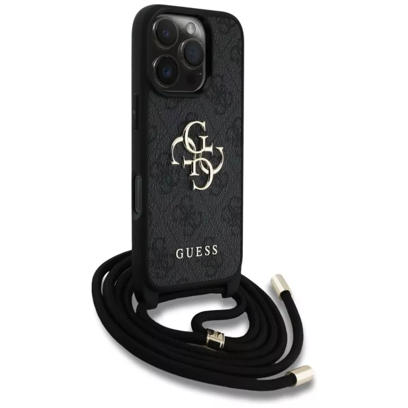Guess 4G Big Logo Cord Strap Crossbody Case voor iPhone 16 Pro (zwart)