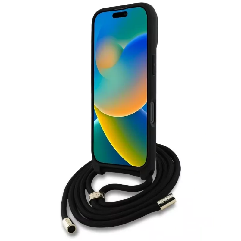 Guess 4G Big Logo Cord Strap Crossbody Case voor iPhone 16 Pro Max - zwart