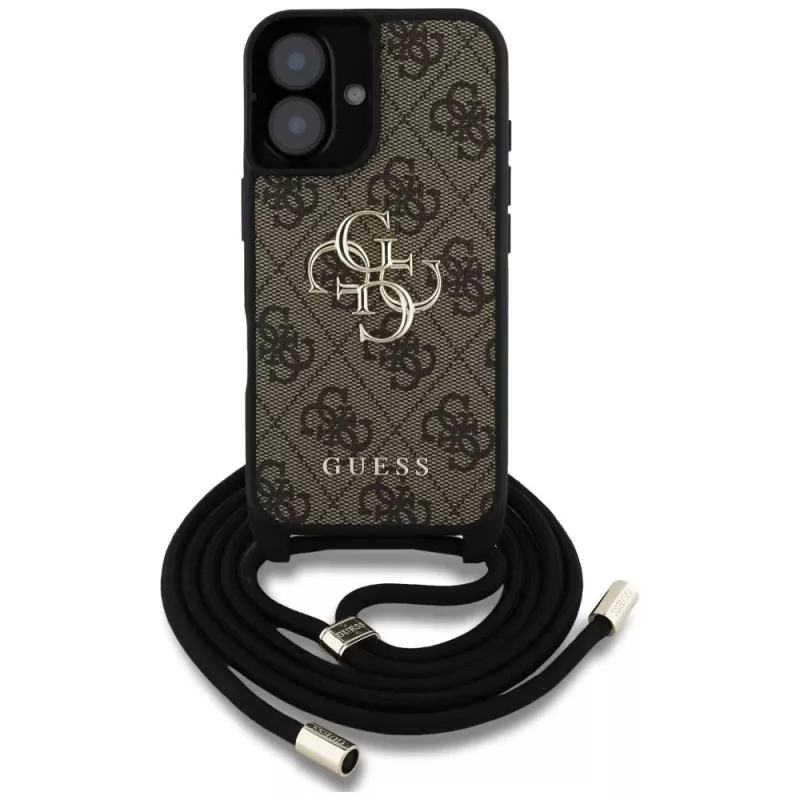 Guess 4G Big Logo Cord Strap Crossbody Case voor iPhone 16 bruin