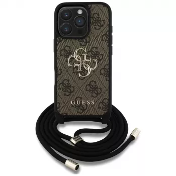 Guess 4G Big Logo Cord Strap Crossbody Case voor Apple iPhone 16 Pro - bruin
