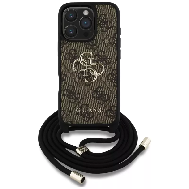 Guess 4G Big Logo Cord Strap Crossbody Case voor iPhone 16 Pro Max (bruin)