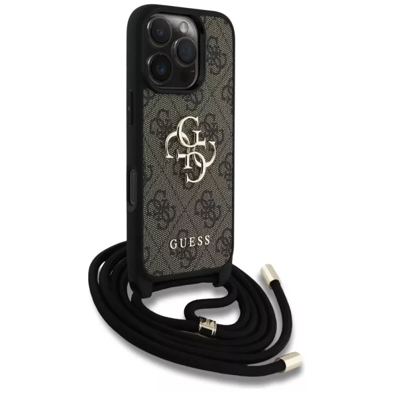Guess 4G Big Logo Cord Strap Crossbody Case voor iPhone 16 Pro Max (bruin)
