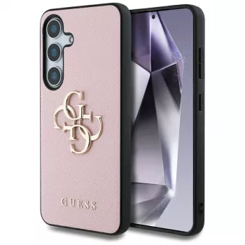 Guess Grained Big 4G Logo Small Classic Logo Back Cover voor Samsung Galaxy S25 Plus, roze