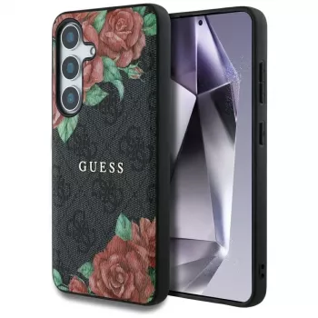 Guess Leather 4G Flowers Print Metal Classic Logo MagSafe Case voor Samsung Galaxy S25, zwart
