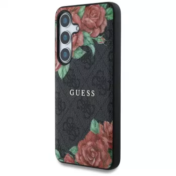 Guess Leather 4G Flowers Print Metal Classic Logo MagSafe Case voor Samsung Galaxy S25, zwart