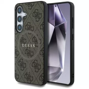 Guess Leather 4G Colored Ring Classic Logo MagSafe Case voor Samsung Galaxy S25 (bruin)