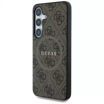 Guess Leather 4G Colored Ring Classic Logo MagSafe Case voor Samsung Galaxy S25 (bruin)