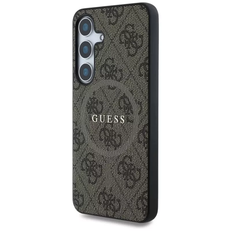 Guess Leather 4G Colored Ring Classic Logo MagSafe Case voor Samsung Galaxy S25 (bruin)
