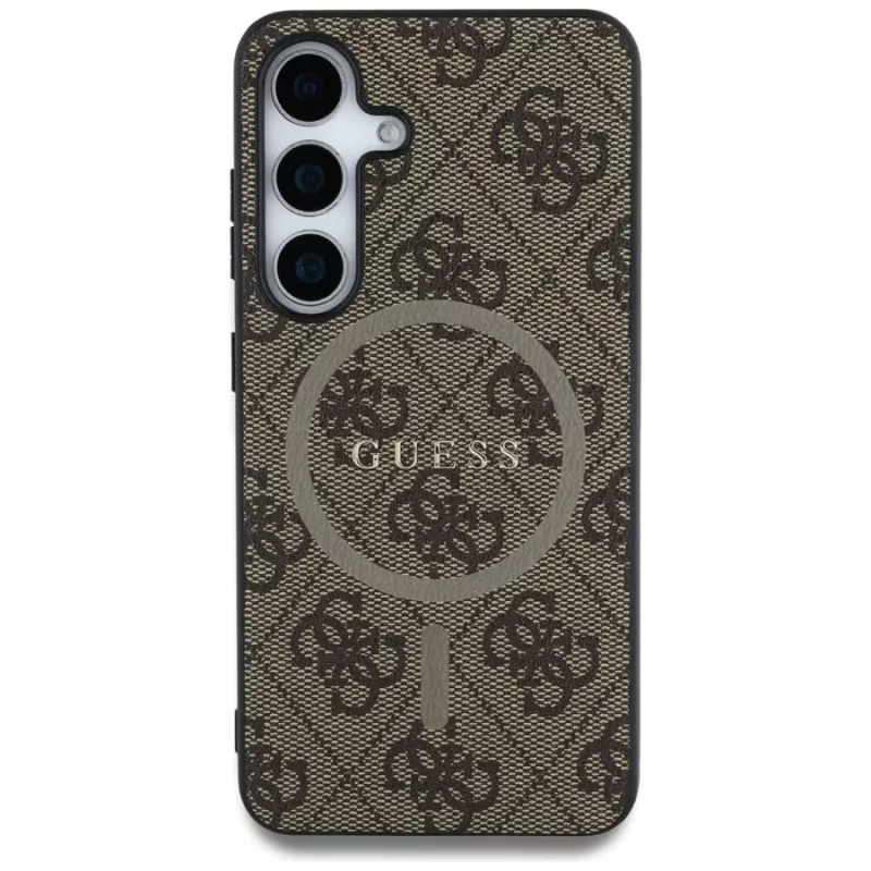 Guess Leather 4G Colored Ring Classic Logo MagSafe Case voor Samsung Galaxy S25 (bruin)