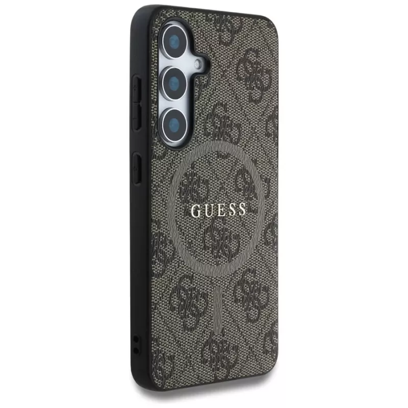 Guess Leather 4G Colored Ring Classic Logo MagSafe Case voor Samsung Galaxy S25 (bruin)