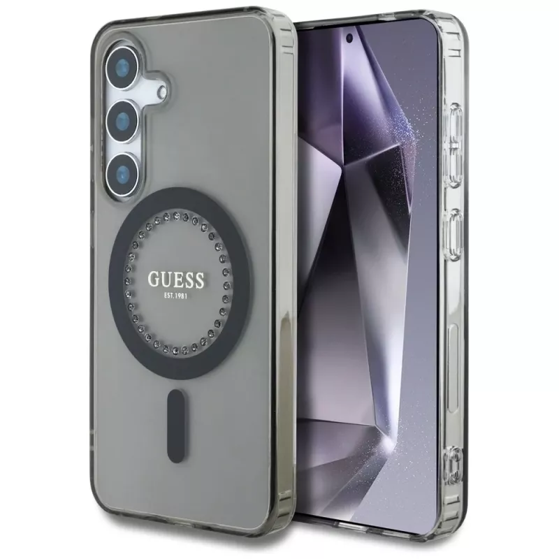 Guess Rhinestones Printed Classic Logo MagSafe Case voor Samsung Galaxy S25 (zwart)