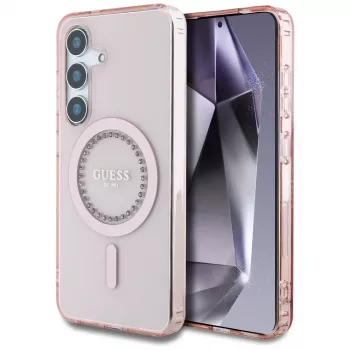 Guess Rhinestones Printed Classic Logo MagSafe Case voor Samsung Galaxy S25 (roze)