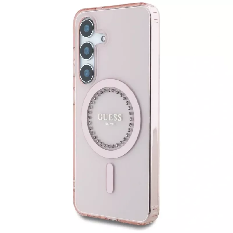 Guess Rhinestones Printed Classic Logo MagSafe Case voor Samsung Galaxy S25 (roze)