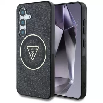Guess 4G Glitter Triangle Buttons MagSafe Case voor Samsung Galaxy S25, zwart