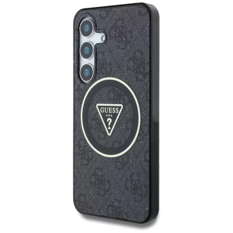 Guess 4G Glitter Triangle Buttons MagSafe Case voor Samsung Galaxy S25, zwart