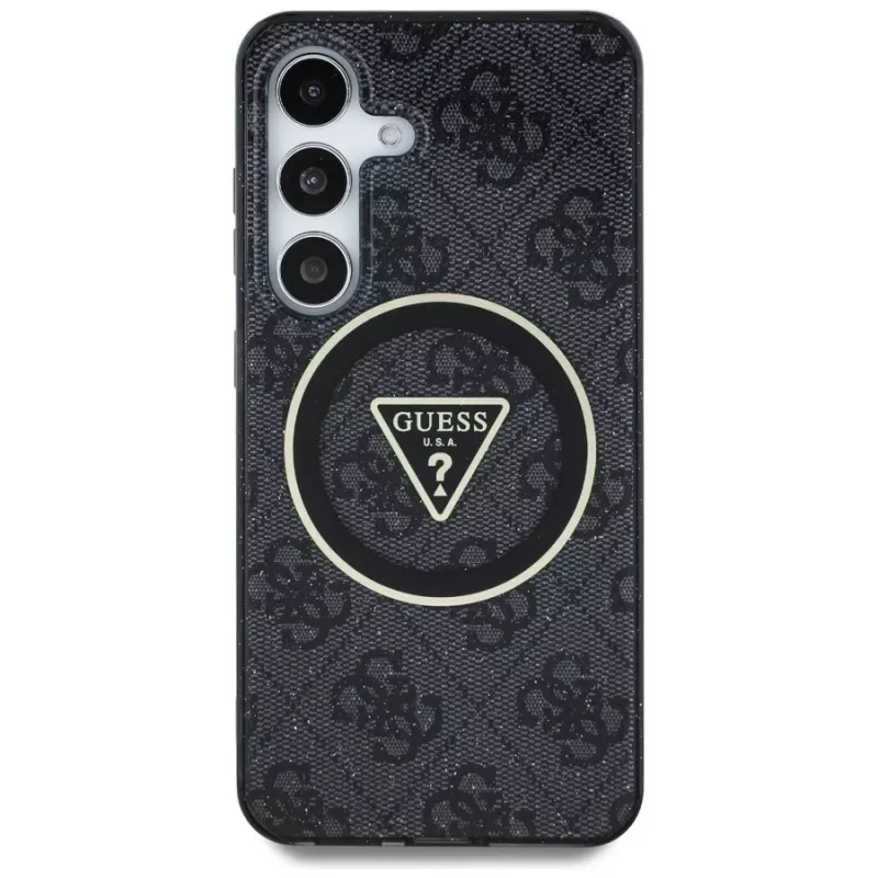 Guess 4G Glitter Triangle Buttons MagSafe Case voor Samsung Galaxy S25, zwart