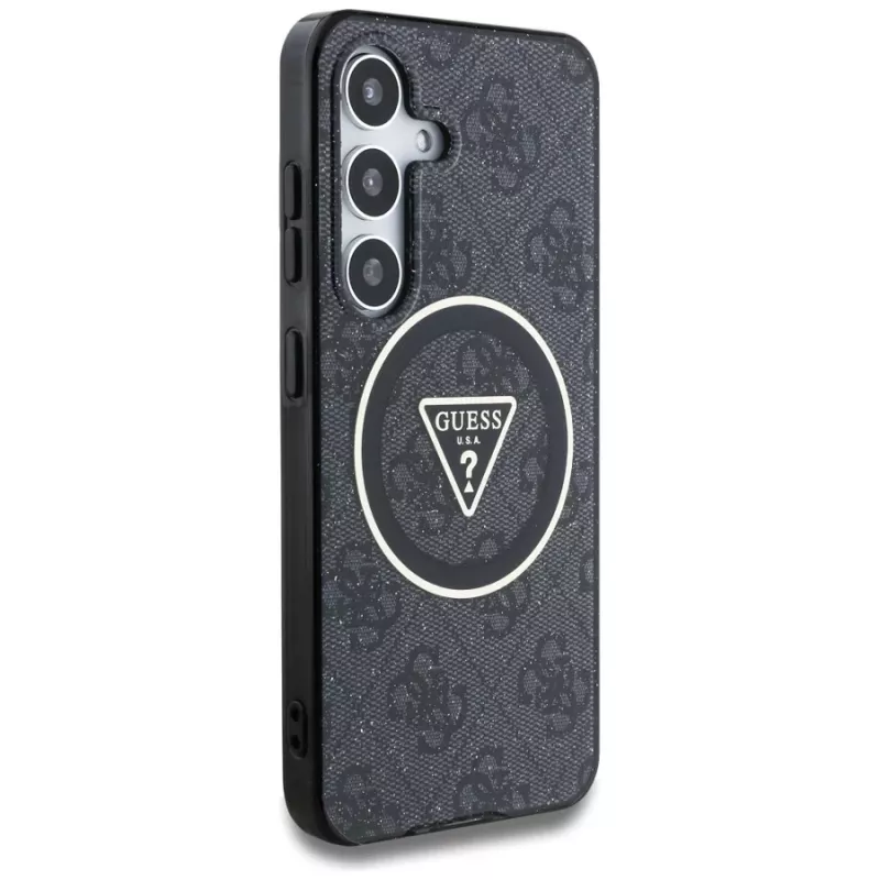 Guess 4G Glitter Triangle Buttons MagSafe Case voor Samsung Galaxy S25, zwart