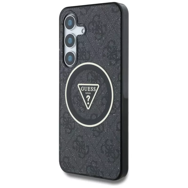 Guess 4G Glitter Triangle Buttons MagSafe Case voor Samsung Galaxy S25+ (zwart)