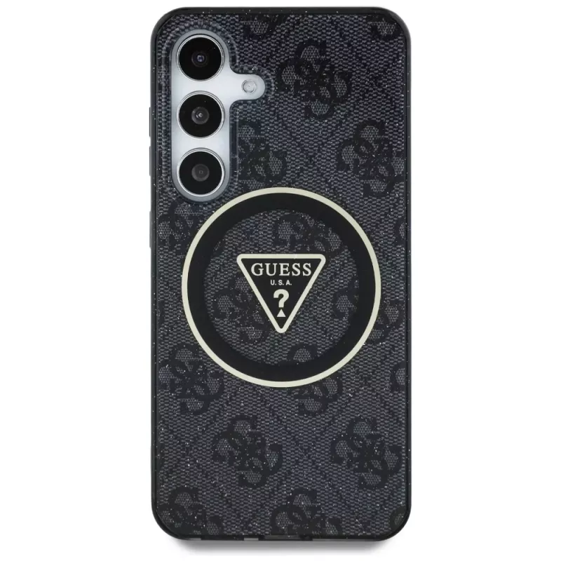 Guess 4G Glitter Triangle Buttons MagSafe Case voor Samsung Galaxy S25+ (zwart)