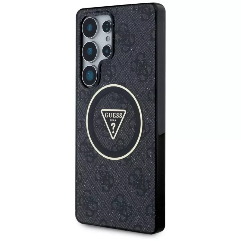 Guess 4G Glitter Triangle Buttons MagSafe Case voor Samsung Galaxy S25 Ultra zwart