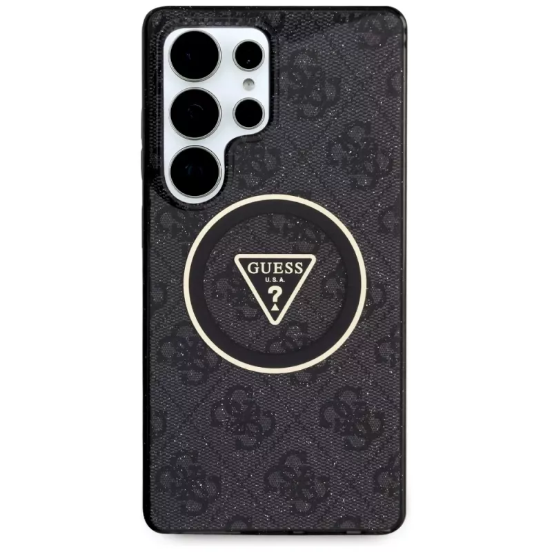 Guess 4G Glitter Triangle Buttons MagSafe Case voor Samsung Galaxy S25 Ultra zwart