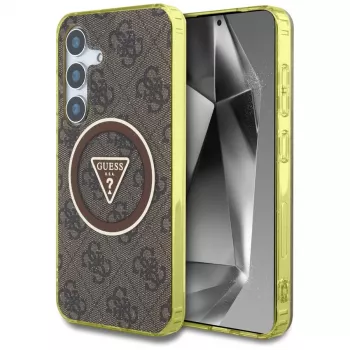 Guess 4G Glitter Triangle Buttons MagSafe Case voor Samsung Galaxy S25 (bruin)