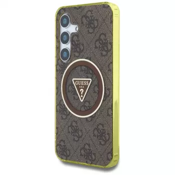 Guess 4G Glitter Triangle Buttons MagSafe Case voor Samsung Galaxy S25 (bruin)