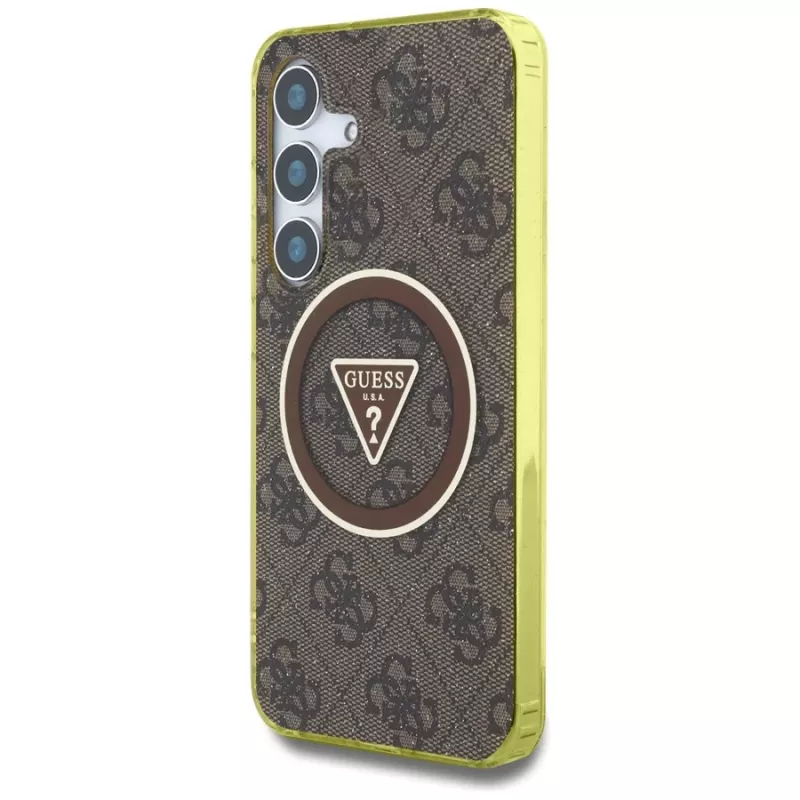 Guess 4G Glitter Triangle Buttons MagSafe Case voor Samsung Galaxy S25 (bruin)