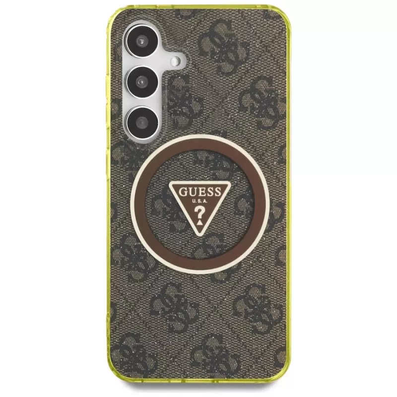 Guess 4G Glitter Triangle Buttons MagSafe Case voor Samsung Galaxy S25 (bruin)