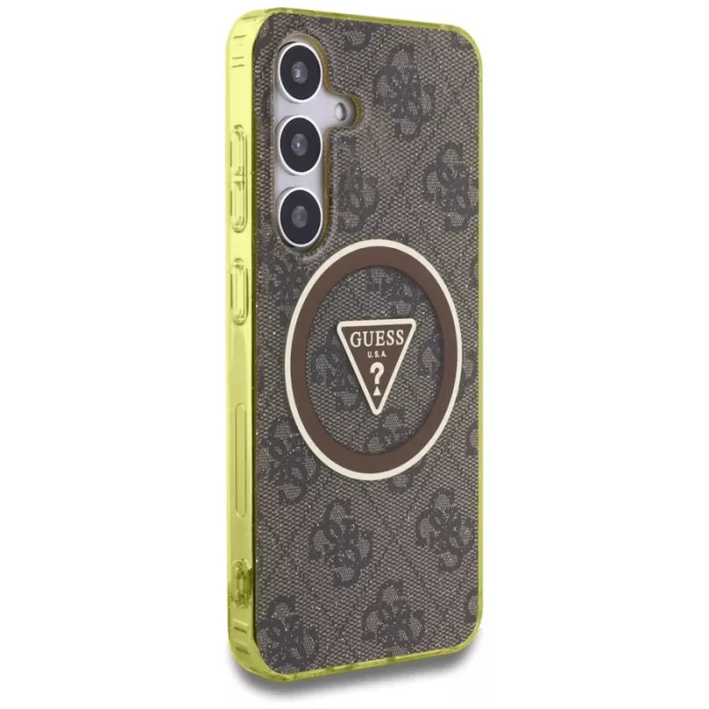 Guess 4G Glitter Triangle Buttons MagSafe Case voor Samsung Galaxy S25 (bruin)