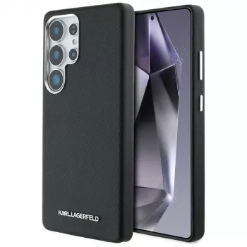 Karl Lagerfeld Saffiano Full-Wrapped Elongated Metal Logo MagSafe-hoesje voor Samsung Galaxy S25 Ultra, zwart