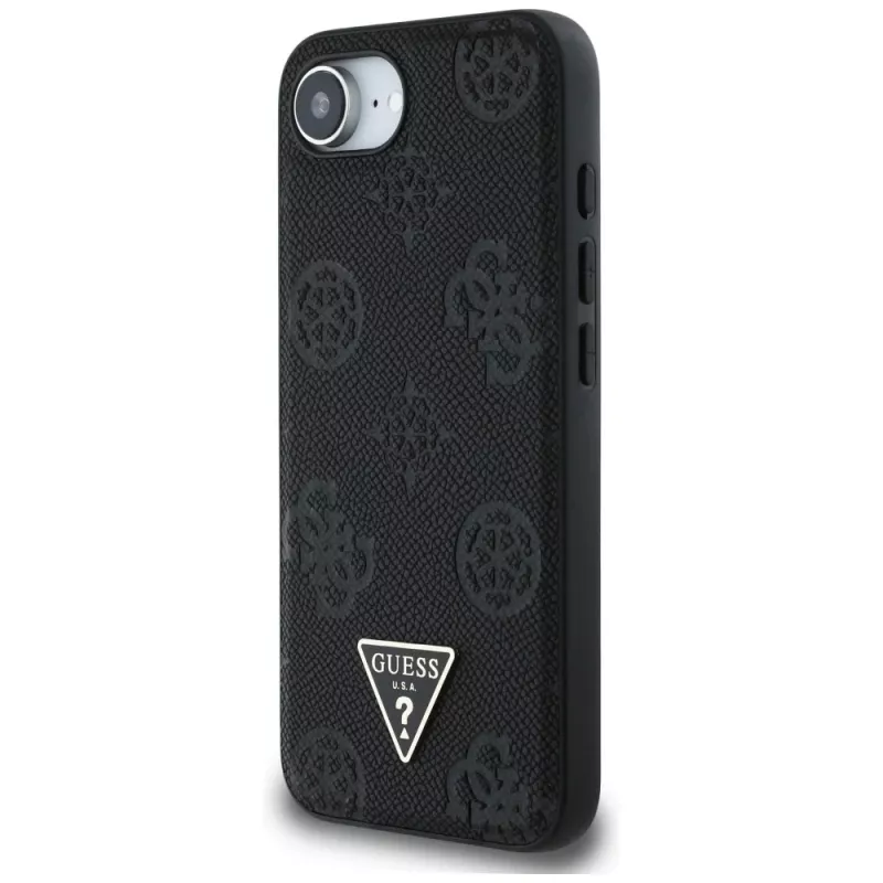 Guess Grained Hot Stamp Peony Triangle Logo MagSafe-hoesje voor iPhone 16e (zwart)