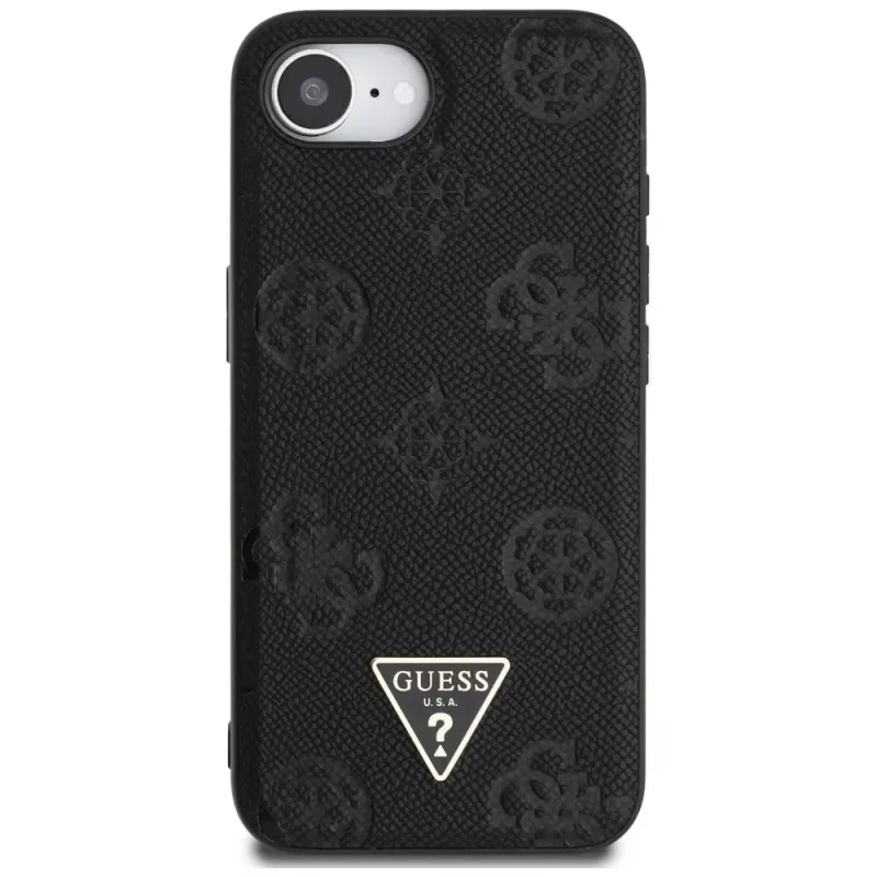Guess Grained Hot Stamp Peony Triangle Logo MagSafe-hoesje voor iPhone 16e (zwart)