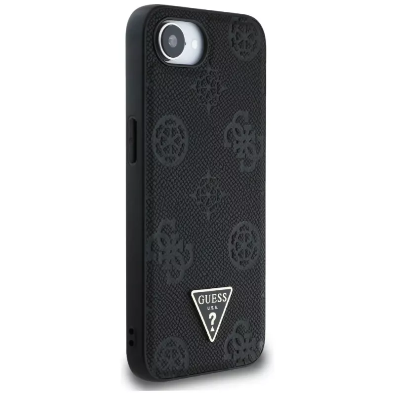 Guess Grained Hot Stamp Peony Triangle Logo MagSafe-hoesje voor iPhone 16e (zwart)