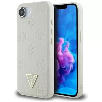 Guess Grained Hot Stamp Peony Triangle Logo MagSafe-hoesje voor iPhone 16e (beige)
