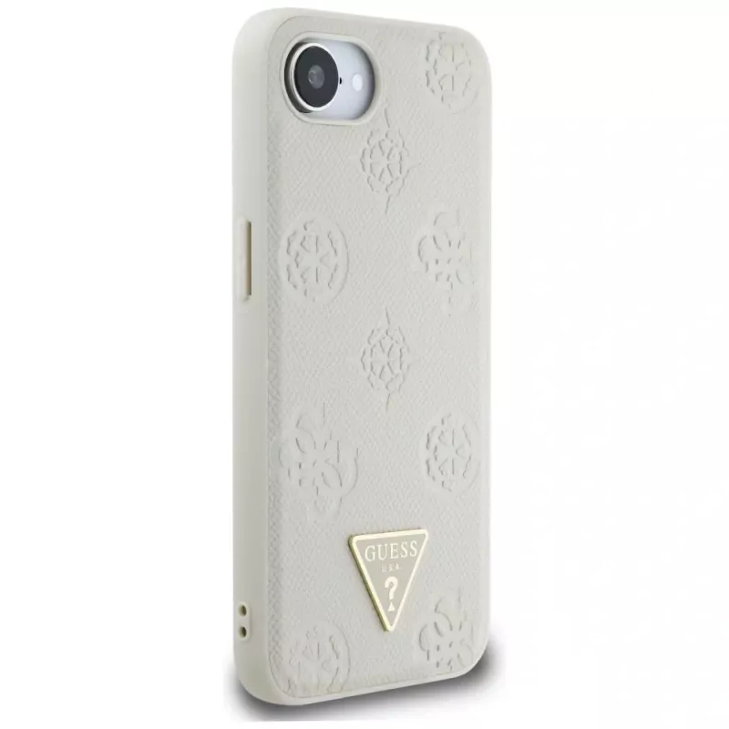 Guess Grained Hot Stamp Peony Triangle Logo MagSafe-hoesje voor iPhone 16e (beige)