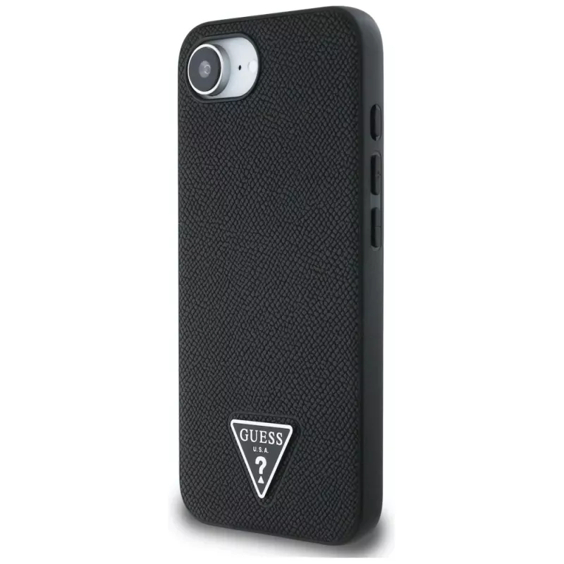Guess Grained Triangle MagSafe-hoesje voor iPhone 16e (zwart)