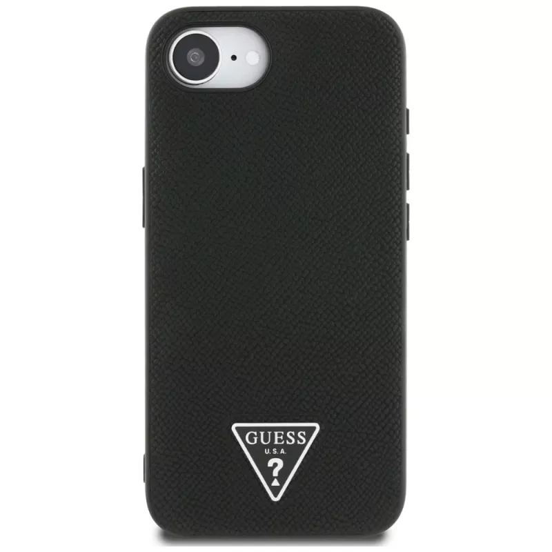 Guess Grained Triangle MagSafe-hoesje voor iPhone 16e (zwart)