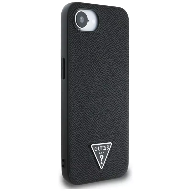 Guess Grained Triangle MagSafe-hoesje voor iPhone 16e (zwart)