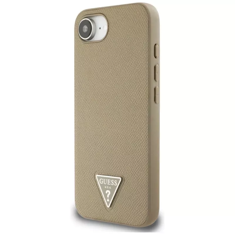 Guess Grained Triangle MagSafe-hoesje voor iPhone 16e (bruin)