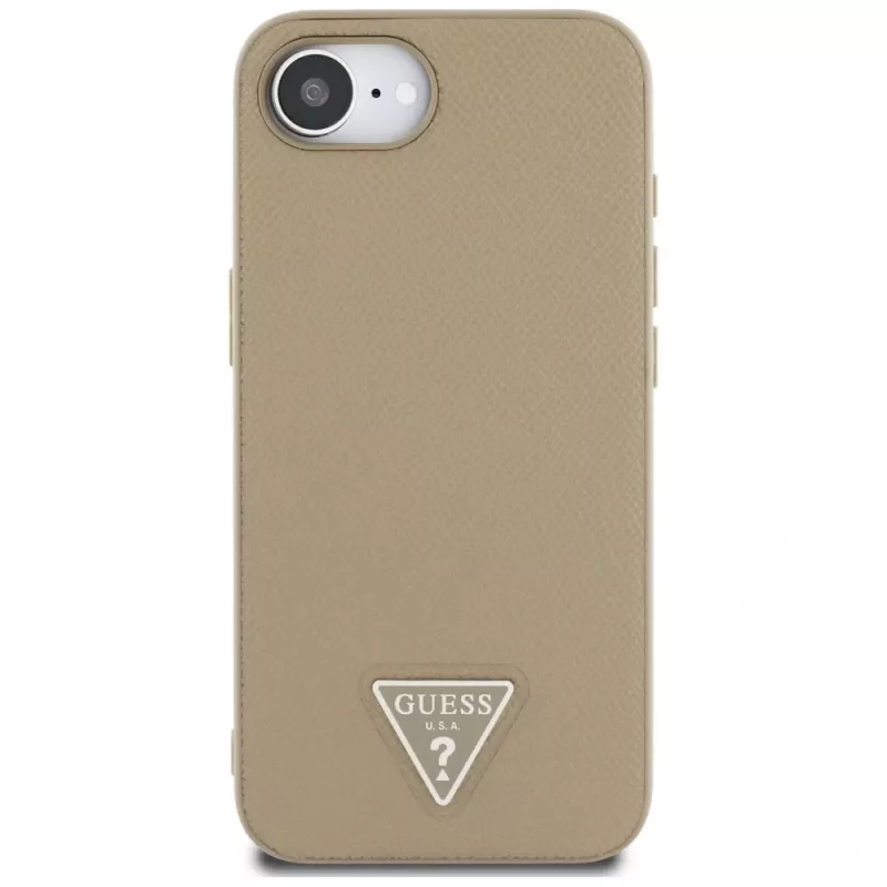 Guess Grained Triangle MagSafe-hoesje voor iPhone 16e (bruin)