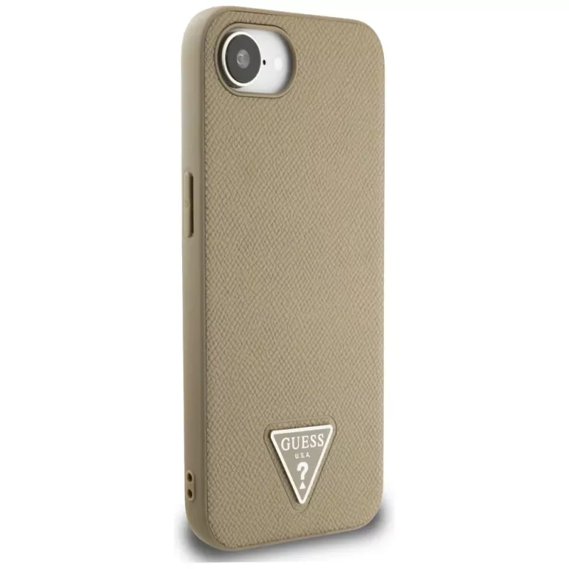 Guess Grained Triangle MagSafe-hoesje voor iPhone 16e (bruin)