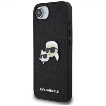 Karl Lagerfeld Fixed Glitter Karl & Choupette Heads Metal Pin-hoesje voor Apple iPhone 16e (zwart)