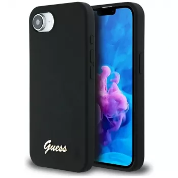 Guess Silicone Script Metal Logo MagSafe-hoesje voor iPhone 16e (zwart)