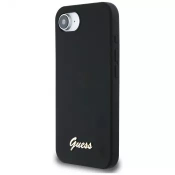 Guess Silicone Script Metal Logo MagSafe-hoesje voor iPhone 16e (zwart)