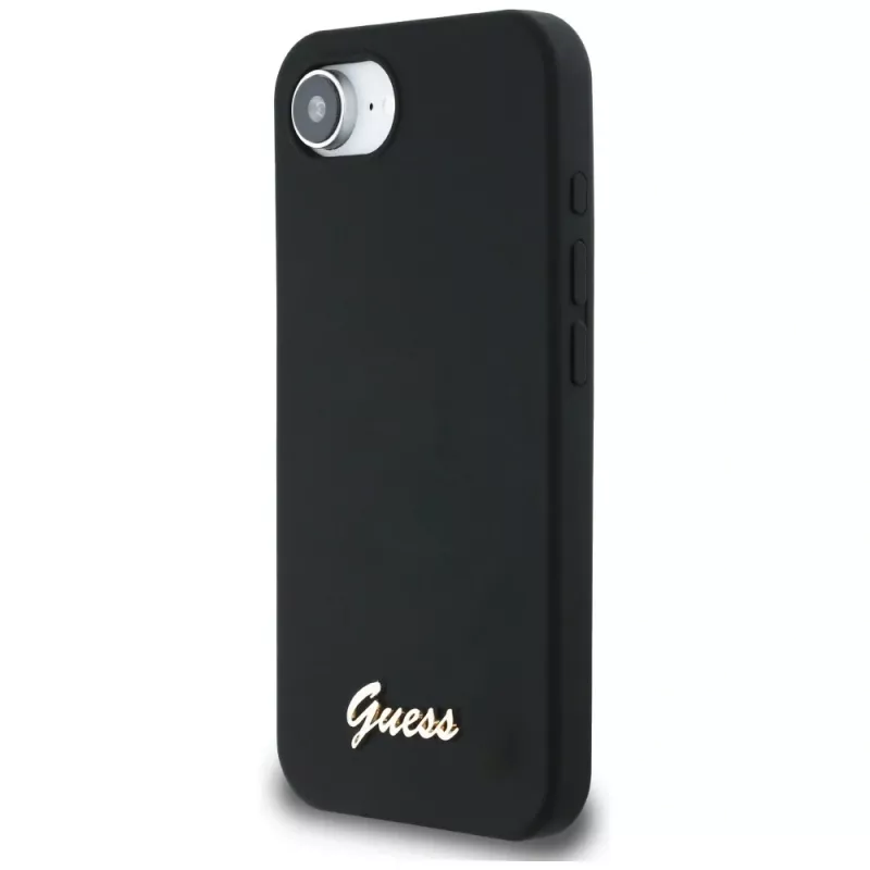 Guess Silicone Script Metal Logo MagSafe-hoesje voor iPhone 16e (zwart)