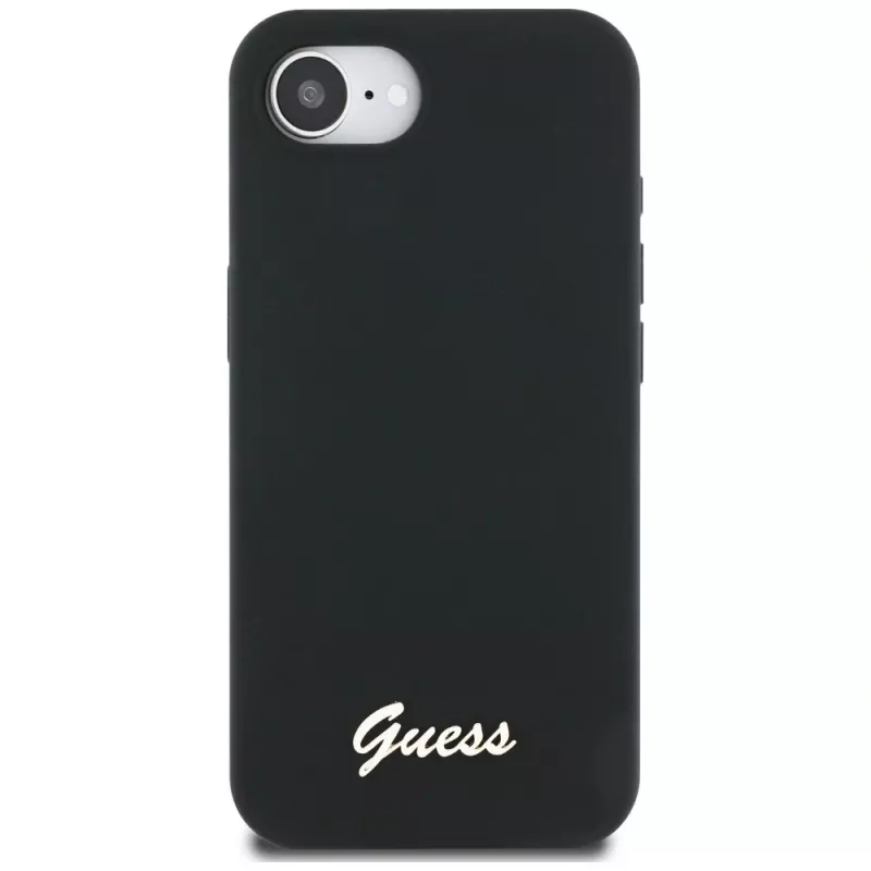 Guess Silicone Script Metal Logo MagSafe-hoesje voor iPhone 16e (zwart)