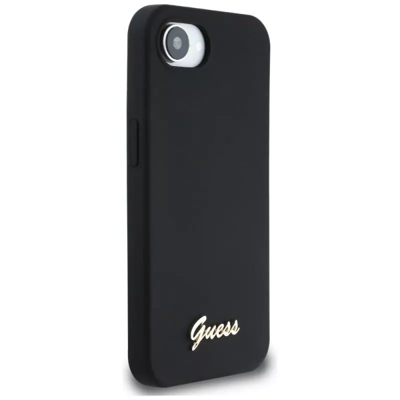 Guess Silicone Script Metal Logo MagSafe-hoesje voor iPhone 16e (zwart)