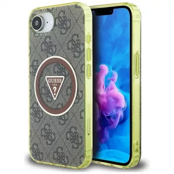 Guess IML Metal Glitter 4G Circle Triangle MagSafe-hoesje voor Apple iPhone 16e (bruin)